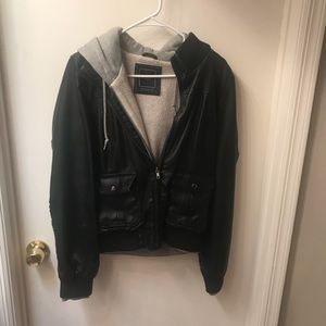 Obey faux leather jacket black w grey hood